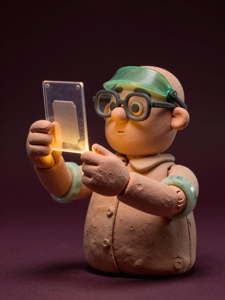 The night shift keeper holding a slab up to the lamp